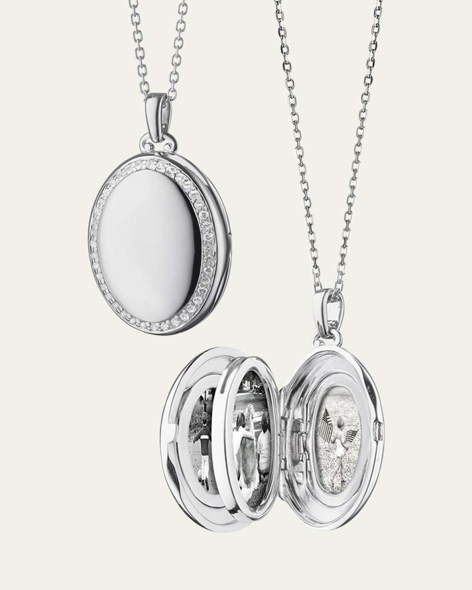 Sterling Silver Midi 4-Image Locket Necklace with White Sapphires, 32"